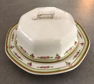 WH Grindley Excelsior England Pink Roses, Green Band Lidded Butter Dish, Insert - Picture 1 of 12