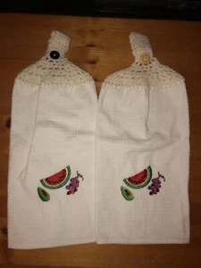 Pair of Hand Crocheted Hanging Kitchen Dish Towels- White Watermelon Kiwi Grapes - Picture 1 of 5