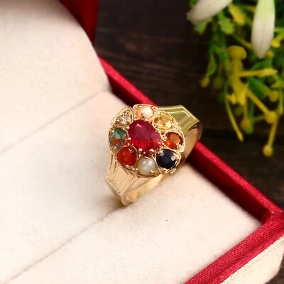 Natural Navaratna Gemstone With 18k Gold Plated Silver Women's Ring #992 - Image 1 of 4