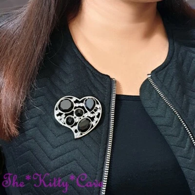 Deco Vintage Style Artisan Stylized Silver Crystal, Black Glass Heart Pin Brooch - Image 1 of 4