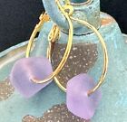 Summer Gold and Frosted Lavender Sea Glass Hoop Earrings for Beach Lovers.