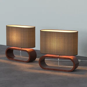 2X Wooden Table Lamp Brown Lampshade E27 Home Bedside Lamps Desk Light - Picture 1 of 9