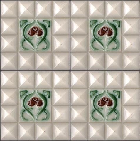 Antique Majolica SET OF 4 tiles EMBOSSED DIAMOND ART NOUVEAU STYLE FLOWERS CREAM Cover