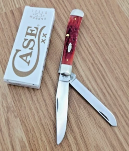 Case XX Trapper Pocket Knife Carbon Steel Blades Dark Red Jigged Bone Handle - Picture 1 of 15