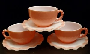 Vintage Hazel-Atlas Crinoline 50's Pink Ruffle Tea Coffee Cup and Saucers 3 sets - Picture 1 of 6
