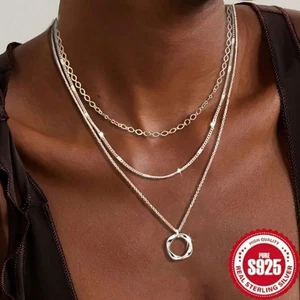 925 Sterling Silver Triple Layer Chain Pendant Necklace Set Classic Adjustable - Picture 1 of 5