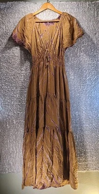 YFB Dress Womens XS Tiered Maxi Deep Tie V-Neck Boho Hippie Beach Western Rayon - Image 1 of 4