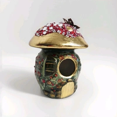 Cogumelo folclórico pintado à mão jardim de fadas flores rosa bling cerâmica casa de pássaros - Imagem 1 de 4