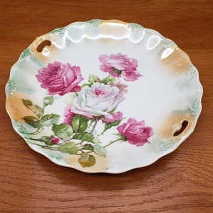 Antique Weimar Germany Porcelain Plate 10" Roses Floral Handled Tray c1900 - Picture 1 of 9