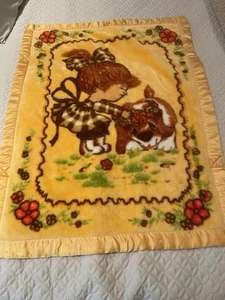 Vintage Plush Girl And Dog Flowers Asian Blanket Good Luck Buddhist manji CHERRY - Picture 1 of 10