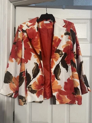 Alfred Dunner Blazer 女式 12 夹克橙色花卉工作办公室沿海职业 — 第 1/4 张图片