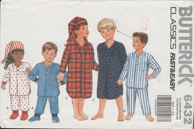 Butterick 6432 Easy Girls Boys Pajamas Nightshirt Pattern Size 2-6X Uncut - Image 1 of 4