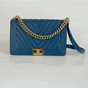 Chanel Blue Chevron Quilted Le Boy Bag, Medium - Picture 1 of 12