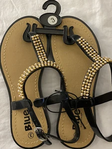 BLUE SUEDE SHOE Girls Size 3 Sandals Youth Thongs Black With Pearl Embellish New - Picture 1 of 3