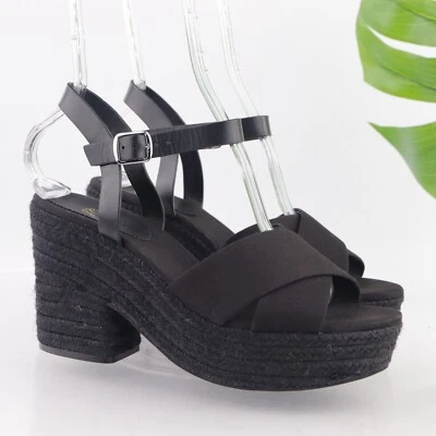 Sandalia para mujer J Crew talla 9,5 tacón bloque plataforma negra alpargata correa al tobillo Foto 1 de 4