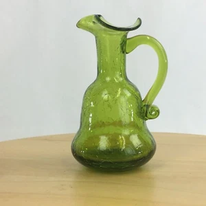 Vintage Green Crackle Glass Mini Pitcher Vase 5" Hand Blown Glassware MCM - Picture 1 of 8