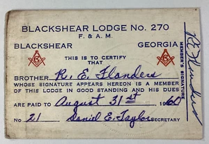 Tarjeta de miembro Blackshear Georgia Masons Lodge 1960 Macon - Imagen 1 de 3