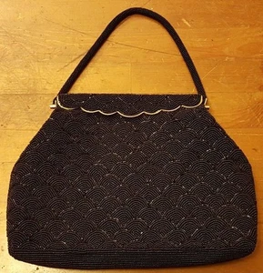 Vintage, Black, Hand Beaded, Baguette Handbag with Brass Trim,1950s - Picture 1 of 11