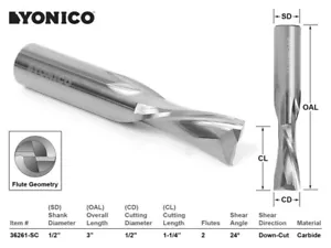 1/2" Diameter Low Helix Downcut CNC Router Bit - 1/2" Shank - Yonico 36261-SC - Picture 1 of 1