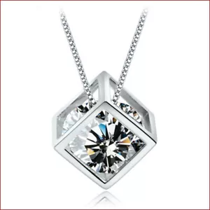Collana catena argento sterling 925 zirconi lucidi cubo ciondolo donna gioielli - Foto 1 di 6