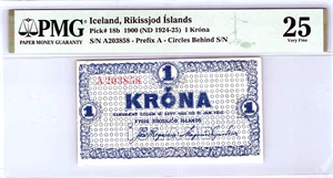 Iceland 1 Krona 1900 (ND 1924-25) Pick 18b PMG 25 VF (Rare Only 3 in Census!) - Picture 1 of 20