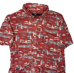 Vineyard Vines Shirt Whale Cotton Hawaiian Boats Floral Short Sleeve Boys Sz M - Picture 1 of 5