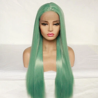 Peluca frontal de encaje recto largo verde como nueva peluca sintética segura al calor peluca sin pegamento suave Foto 1 de 4