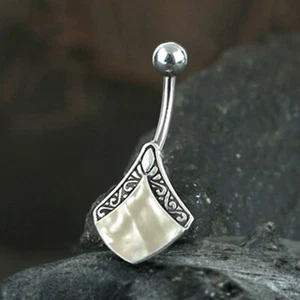 TRIBAL MOTHER OF PEARL SHELL BELLY RING 14G 1.6MM STERLING SILVER NAVAL BAR BOHO - Picture 1 of 3