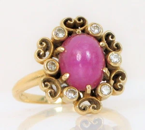 VTG BEAUTIFUL 14K YELLOW GOLD RED PINK RUBY DIAMOND ACCENT FLOWER RING SZ 5 4.2G - Picture 1 of 1