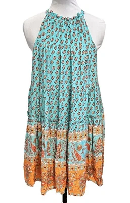 Vestido casual Impressions estampa floral laranja/azul turquesa sem mangas - P - Imagem 1 de 4