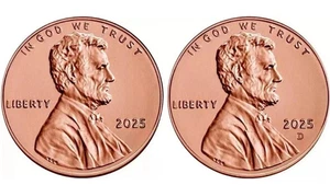 2025 P & D Lincoln Cents. Lot von 2 unzirkulierten Münzen aus versiegelten Bankrollen. - Bild 1 von 1