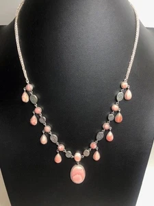 8575 Sterling Silver FD 925 Rhodochrosite Teardrop Pendant Necklace 18" 25grams - Picture 1 of 3