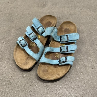 Birkenstock Slides Sandals L 7 M 5 Florida Shoes Leather 3 Straps Comfort Blue - Image 1 of 4