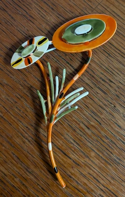 Rare Vintage Mid Century Enamel Flower Pin Mod Whimsical Abstract Orange Yellow - Image 1 of 4