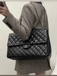 NEW 24K CHANEL XXL Black Caviar Classic Travel Flap Bag Gold CC Handbag Airline - Picture 1 of 8