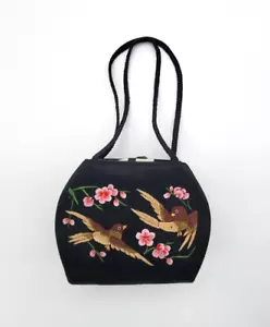 Vintage Embroidered Birds & Cherry Blossoms Silk or Satin Small Evening Purse - Picture 1 of 7