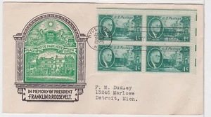 TurtlesTradingPost- Roosevelt Memorial 1946 FDC #930 Cachet Craft - Block of 4 - Picture 1 of 1
