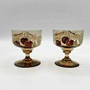 Pair French Enamel Painted Moser Style Signed Set Stemware Cherries Leaves ATQ - Picture 1 of 12