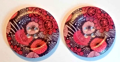 2 Red Floral Sewing Buttons Crafting Wood Round 4 Hole 1.5"  - Image 1 of 2