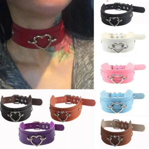 Women Choker Punk Faux Leather Necklace Heart Buckle Jewellery OPTIONAL CHAIN - Picture 1 of 11