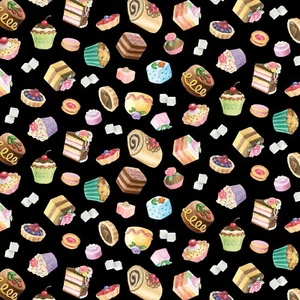 FANCY TEA on Black ~ PASTRIES Pastry Cupcake Cookie ~ Elizabeth's Stuio ~ BTY - Picture 1 of 1