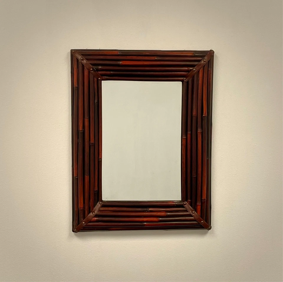 Vintage Bamboo Wall Mirror Rectangular Wood Frame Rustic Tropical Boho Decor - Image 1 of 3