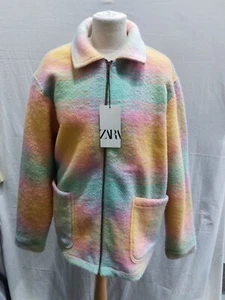 BNWT Zara Unisex Oversized Wool Mix Rainbow Pastel Zip Up Jacket, Check- XL - Picture 1 of 9
