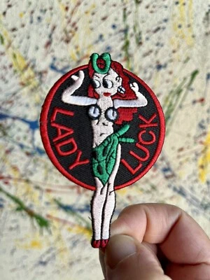 Lady Luck Iron on Patch Red Green Beige Black White Embroidered - Image 1 of 2