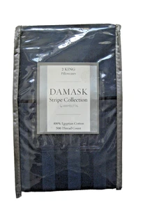Damask Stripe Collection by Wamsutta 2 King 500 TC 100% Egyptian in Navy BlueNWT - Picture 1 of 3