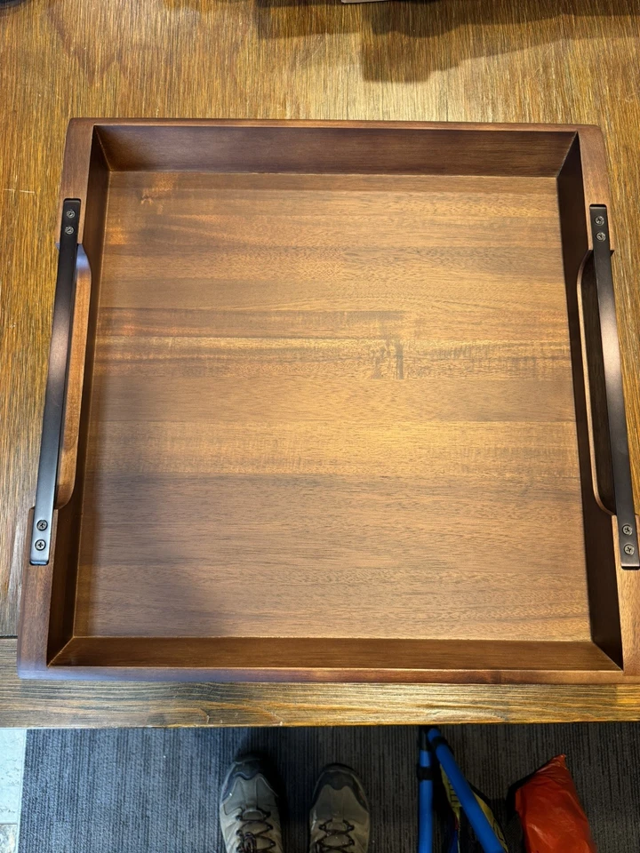 Bandeja otomana grande: madera de acacia cuadrada de 20" x 20" x 2,5" mango negro 04 Foto 1 de 2