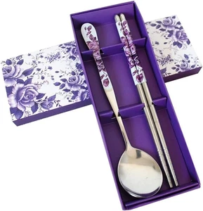 Chinesische Lila Rose Edelstahl Essstäbchen und Löffel Set - Bild 1 von 12