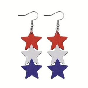 NEW 2" Wood Patriotic Star Silver Earrings Laser Cut - Picture 1 of 5