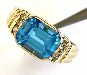 14K Solid Yellow Gold Natural 6 Diamond Blue Topaz Ladies Ring Size 5.75 - Picture 1 of 12