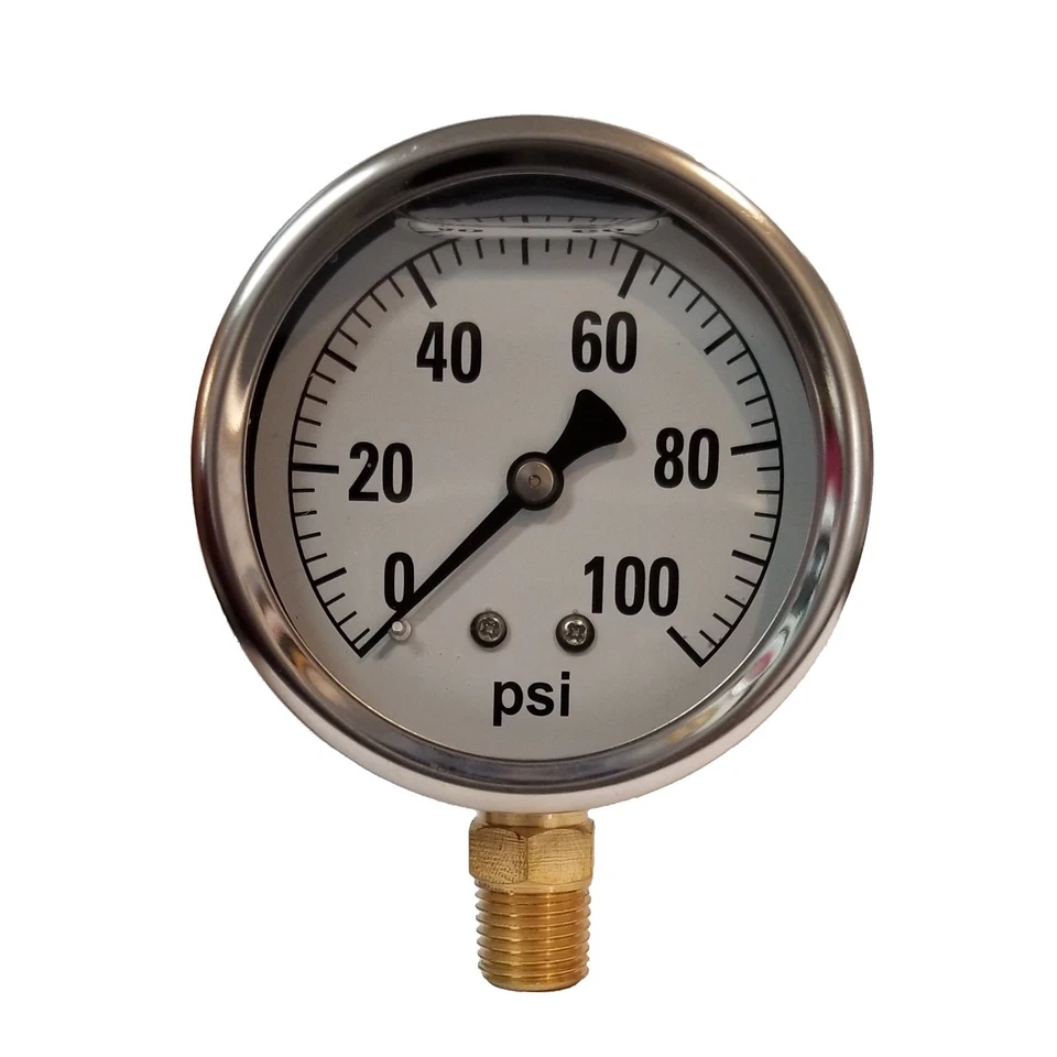 VALLEY INDUSTRIES 2-1/2" Liquid Filled Gauge 0-100 PSI - 1/4" NPT Gas Oil Water Reducing Shock